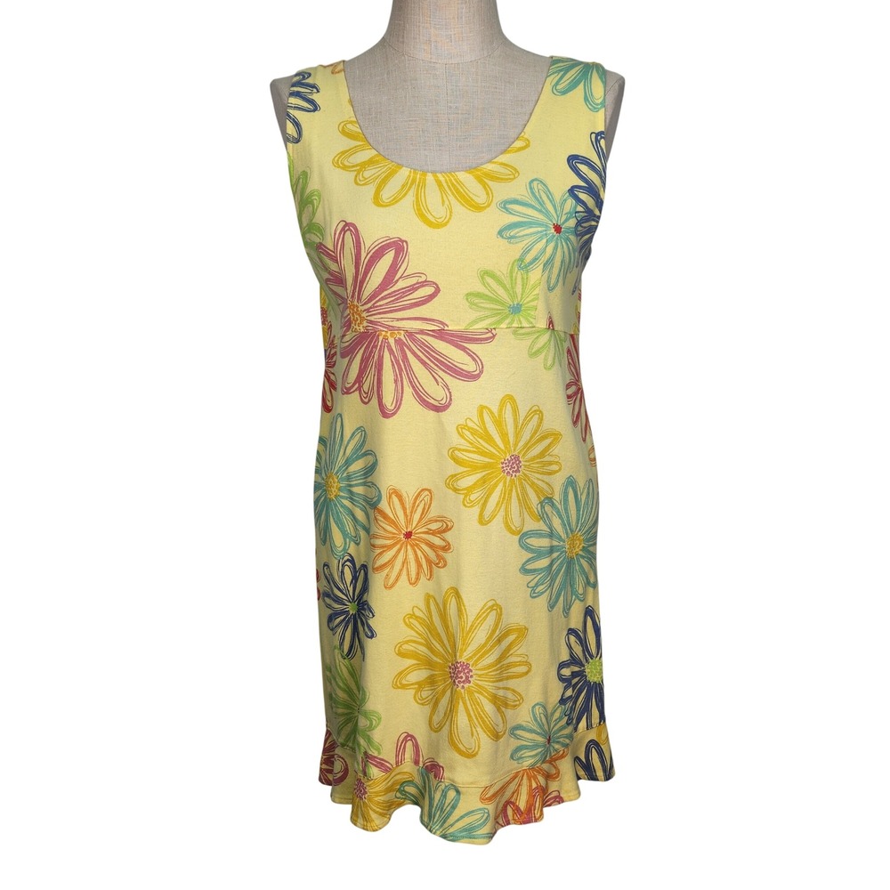 Fresh Produce Yellow Daisy Floral Cotton Knit Ruffle Hem‎ Dress L Sleeveless